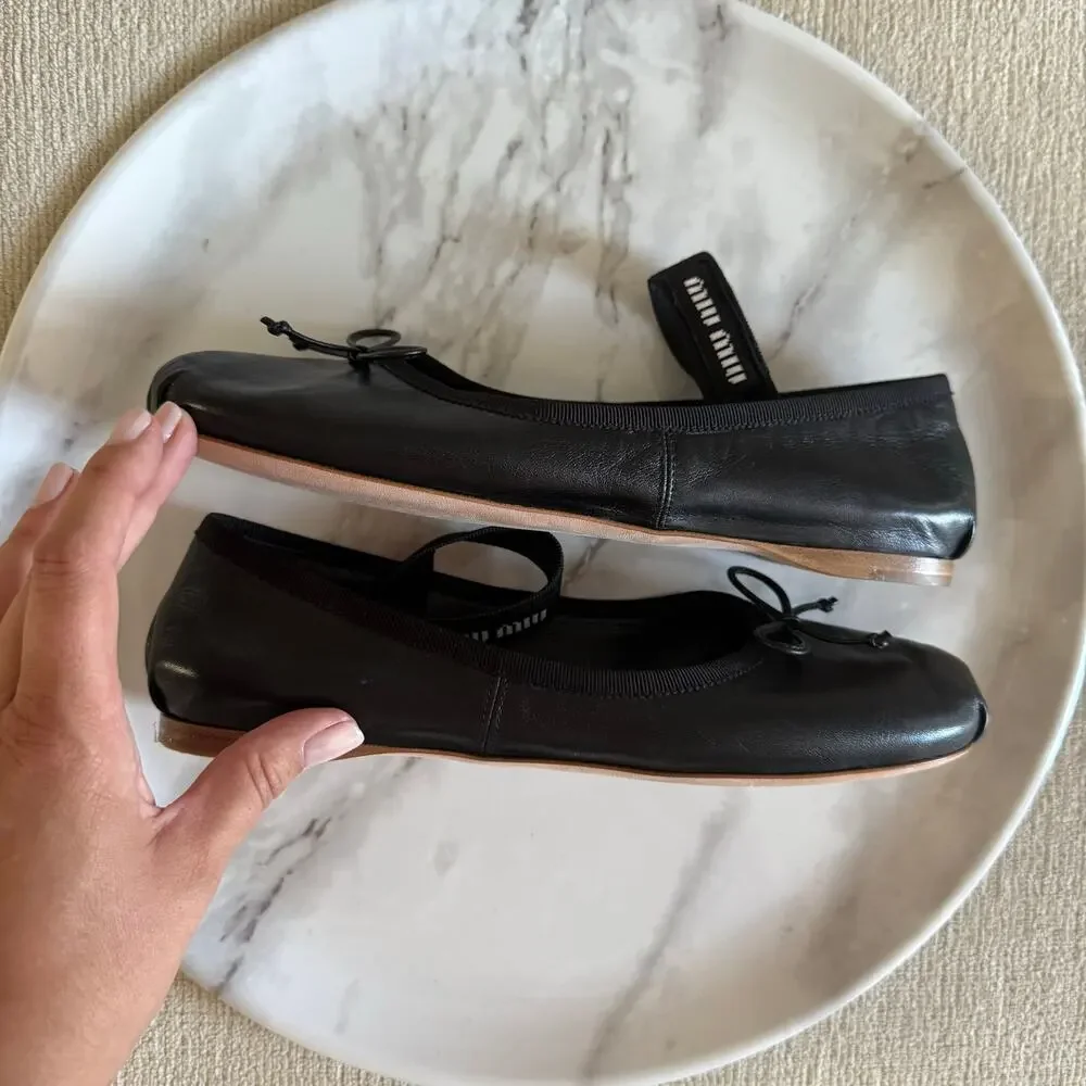 Miu Miu Logo Strap Black Leather Ballet Flats Shoes Black Size 36.5 - Picture 2 of 8